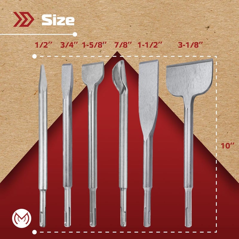 MonoPro SDS Plus Chisel Set for Rotary Hammer Drills, 6 PCS SDS Chisel Set Includes Point, Flat, Scaling, Groove, Scraping, Tile, Hammer Drill Bits for Brick, Concrete, Block, Masonry - Image 2